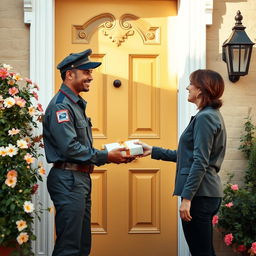 A scene capturing a mail carrier handing over a package at a charming, welcoming door