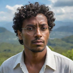 A strong yet sensitive, dark-skinned man with short, curly hair and glasses, channeling his psychic powers amidst the breathtaking Guatemalan landscape. He's deeply emotional, tears streaming down his face, adding depth to his character.