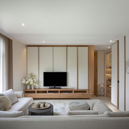 A 12x20 feet living room layout design, with a sleek TV unit on the shorter wall and cozy sofas lined up along the longer wall. The room displays an efficient use of space, maintaining a comfortable, modern appeal.