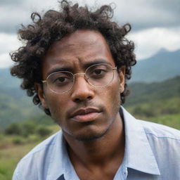 A strong yet sensitive, dark-skinned man with short, curly hair and glasses, channeling his psychic powers amidst the breathtaking Guatemalan landscape. He's deeply emotional, tears streaming down his face, adding depth to his character.