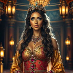 A stunning and alluring portrayal of the Queen of Sheba, exuding confidence and grace