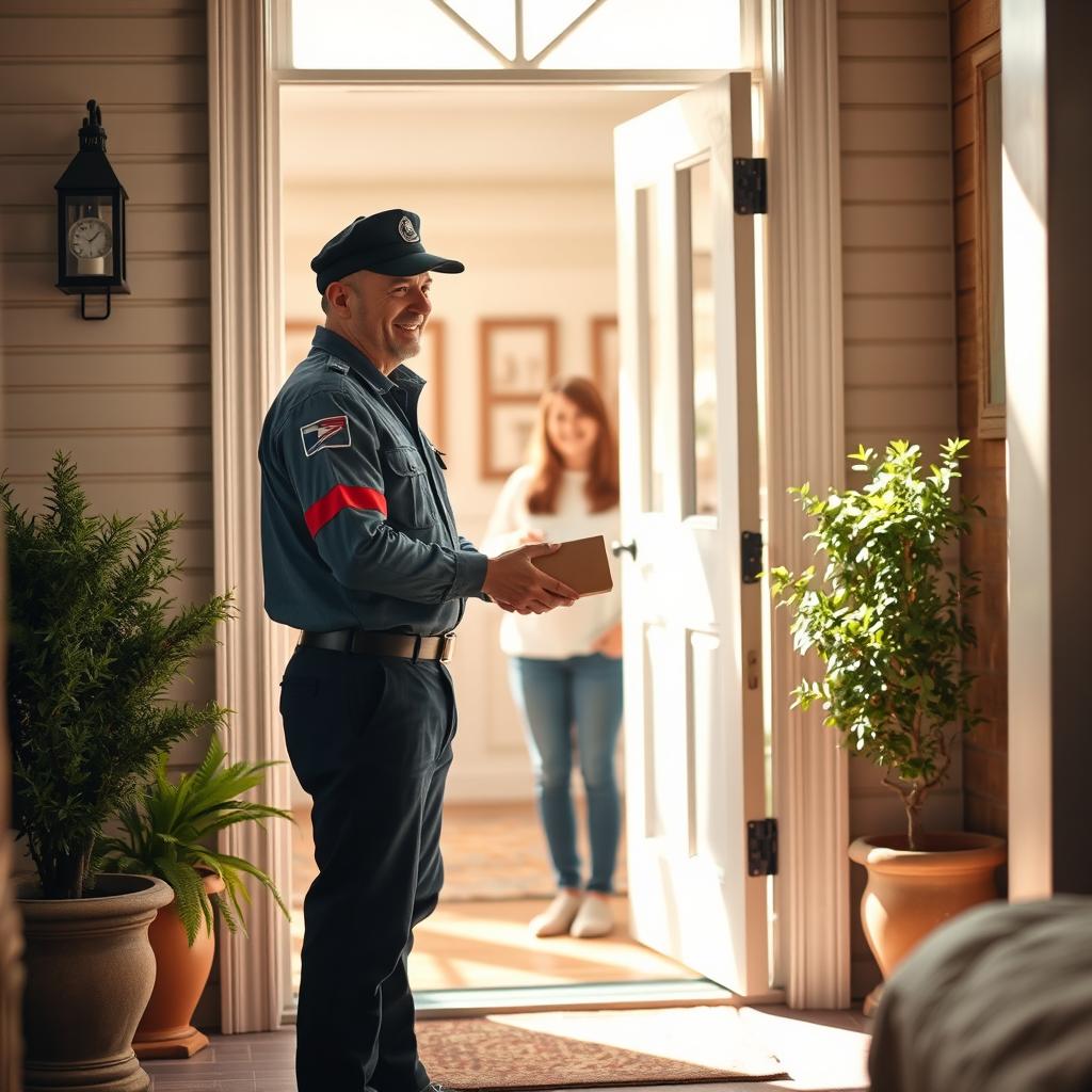 A warm and inviting scene where a mail carrier hands over a package at an open door