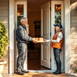 A warm and inviting scene where a mail carrier hands over a package at an open door