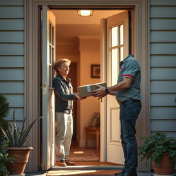 A warm and inviting scene where a mail carrier hands over a package at an open door