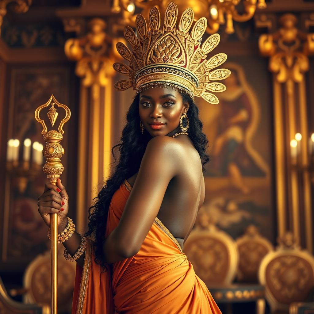 A sexy, confident black woman embodying the Queen of Sheba, adorned in an opulent golden headdress with intricate designs, traditional Ethiopian jewelry, and a luxurious flowing gown that accentuates her curves