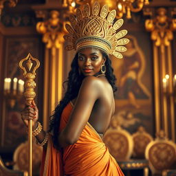 A sexy, confident black woman embodying the Queen of Sheba, adorned in an opulent golden headdress with intricate designs, traditional Ethiopian jewelry, and a luxurious flowing gown that accentuates her curves