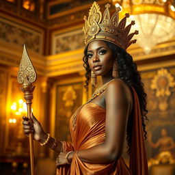 A sexy, confident black woman embodying the Queen of Sheba, adorned in an opulent golden headdress with intricate designs, traditional Ethiopian jewelry, and a luxurious flowing gown that accentuates her curves