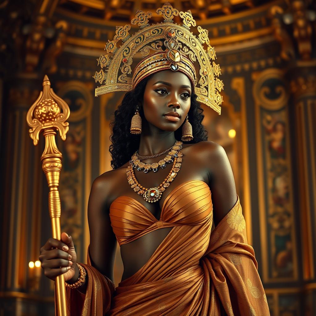 A sexy, confident black woman embodying the Queen of Sheba, adorned in an opulent golden headdress with intricate designs, traditional Ethiopian jewelry, and a luxurious flowing gown that accentuates her curves