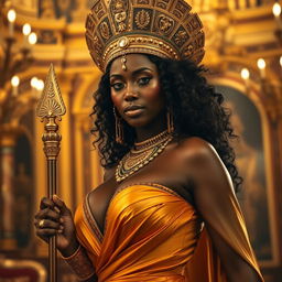 A sexy, confident black woman embodying the Queen of Sheba, adorned in an opulent golden headdress with intricate designs, traditional Ethiopian jewelry, and a luxurious flowing gown that accentuates her curves