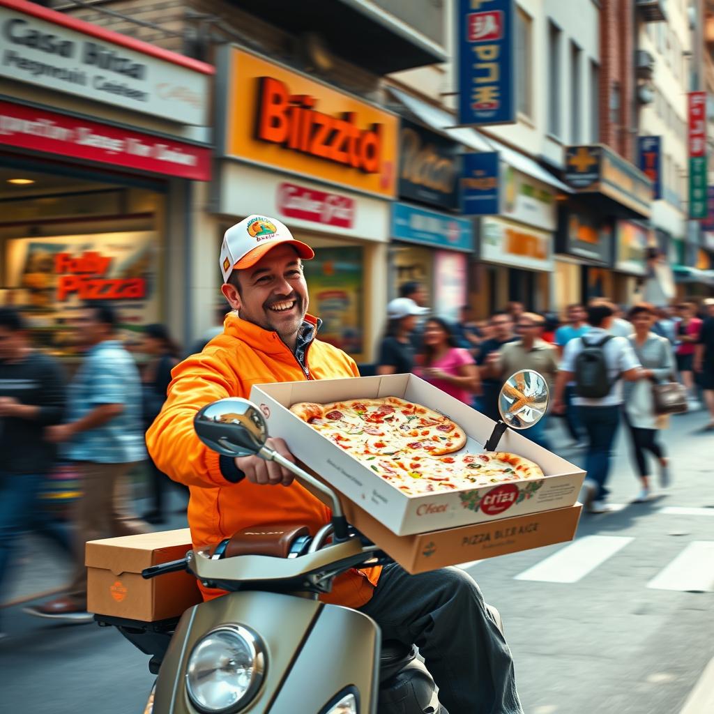 A lively scene of a pizza delivery person on a scooter, speeding through a bustling city street