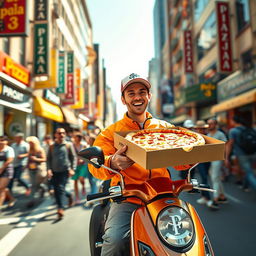 A lively scene of a pizza delivery person on a scooter, speeding through a bustling city street