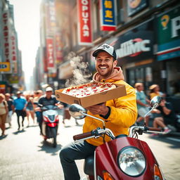 A lively scene of a pizza delivery person on a scooter, speeding through a bustling city street