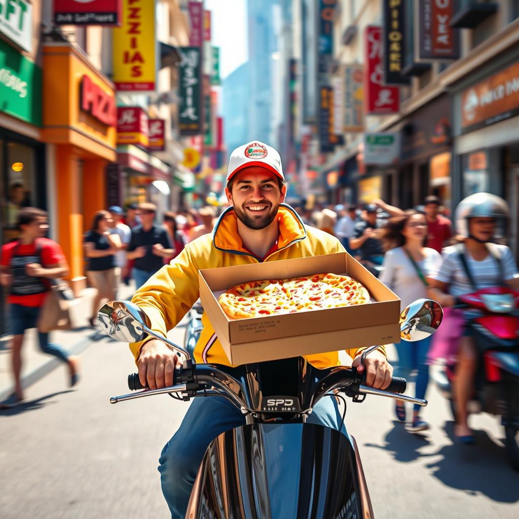 A lively scene of a pizza delivery person on a scooter, speeding through a bustling city street