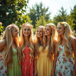 A group of Slavic beauties with long flowing blonde hair, laughing and enjoying each other's company in a sunny outdoor setting