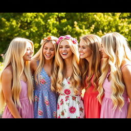 A group of Slavic beauties with long flowing blonde hair, laughing and enjoying each other's company in a sunny outdoor setting