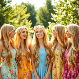 A group of Slavic beauties with long flowing blonde hair, laughing and enjoying each other's company in a sunny outdoor setting