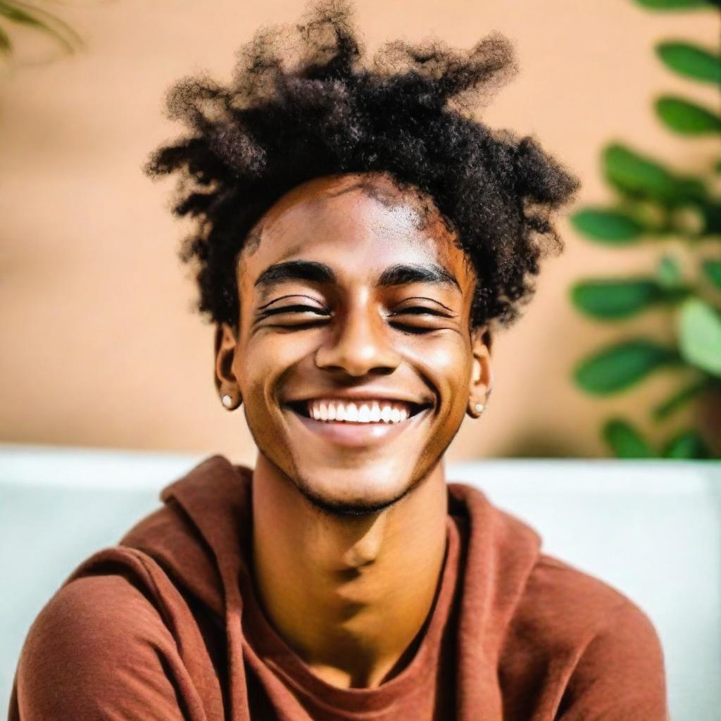 A youthful, vibrant portrait of a brown-skinned young man radiating positivity and energy.