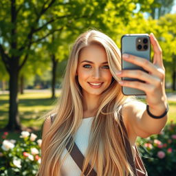 A stunning Slavic beauty with long, flowing blonde hair taking a selfie