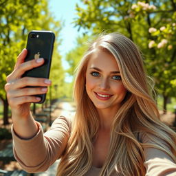 A stunning Slavic beauty with long, flowing blonde hair taking a selfie