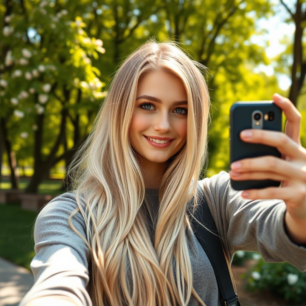 A stunning Slavic beauty with long, flowing blonde hair taking a selfie