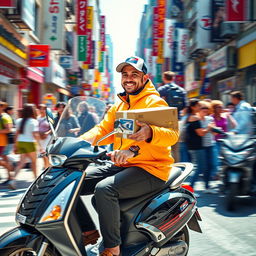 A lively scene of a mail carrier on a scooter, speeding through a bustling city street while holding a package