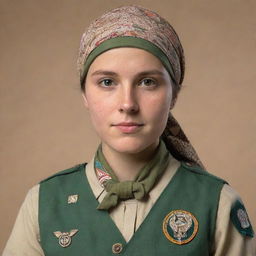 A 4D image of a female scout donned in a headscarf, focusing on intricate detailing of the headscarf, her scout uniform, and her surroundings.