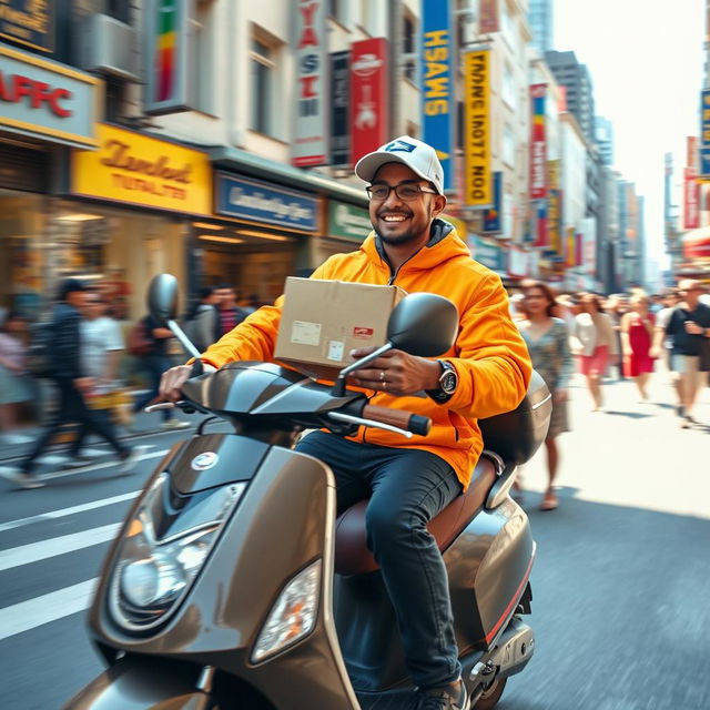 A lively scene of a mail carrier on a scooter, speeding through a bustling city street while holding a package