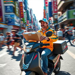 A lively scene of a mail carrier on a scooter, speeding through a bustling city street while holding a package