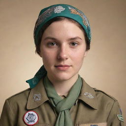 A 4D image of a female scout donned in a headscarf, focusing on intricate detailing of the headscarf, her scout uniform, and her surroundings.