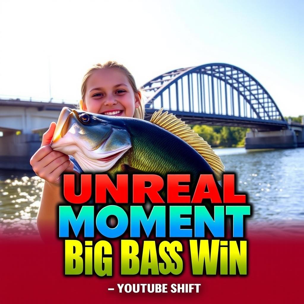 A vibrant YouTube Shorts thumbnail featuring a girl with a joyful expression, proudly holding a large bass fish near a scenic bridge