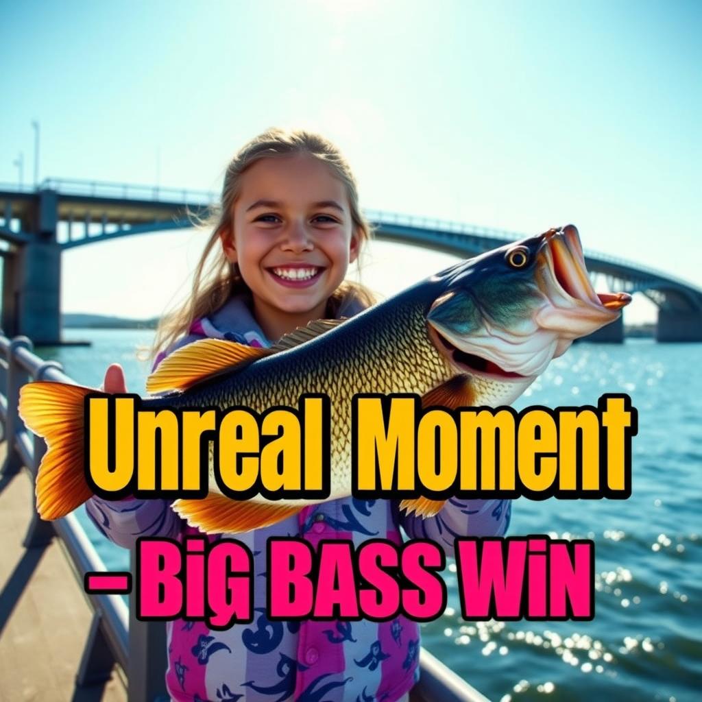 A vibrant YouTube Shorts thumbnail featuring a girl with a joyful expression, proudly holding a large bass fish near a scenic bridge