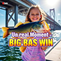 A vibrant YouTube Shorts thumbnail featuring a girl with a joyful expression, proudly holding a large bass fish near a scenic bridge