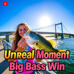 A vibrant YouTube Shorts thumbnail featuring a girl with a joyful expression, proudly holding a large bass fish near a scenic bridge