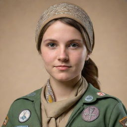 A 4D image of a female scout donned in a headscarf, focusing on intricate detailing of the headscarf, her scout uniform, and her surroundings.