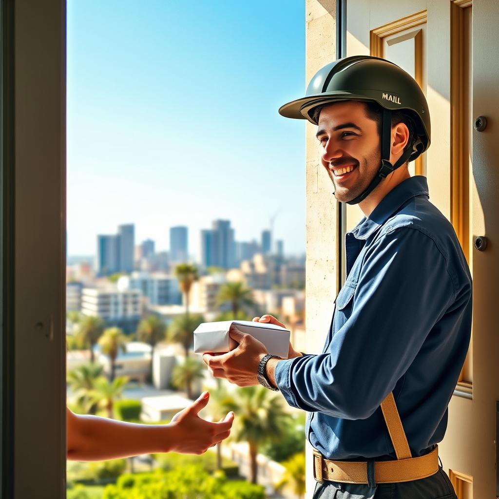 A delightful scene of a mail carrier wearing a helmet, handing over a small white package at an open door