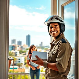 A delightful scene of a mail carrier wearing a helmet, handing over a small white package at an open door