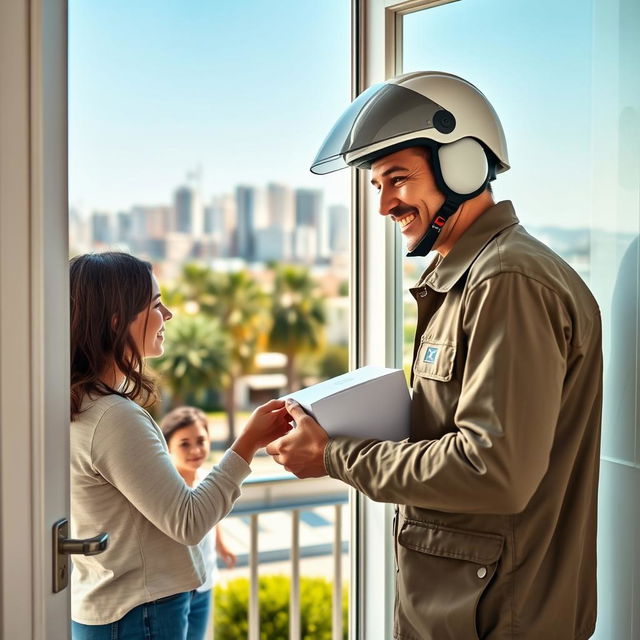 A delightful scene of a mail carrier wearing a helmet, handing over a small white package at an open door