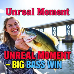 A vibrant YouTube Shorts thumbnail featuring a woman with a joyful expression, holding a large bass fish near a scenic bridge