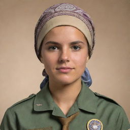 A 4D image of a female scout donned in a headscarf, focusing on intricate detailing of the headscarf, her scout uniform, and her surroundings.