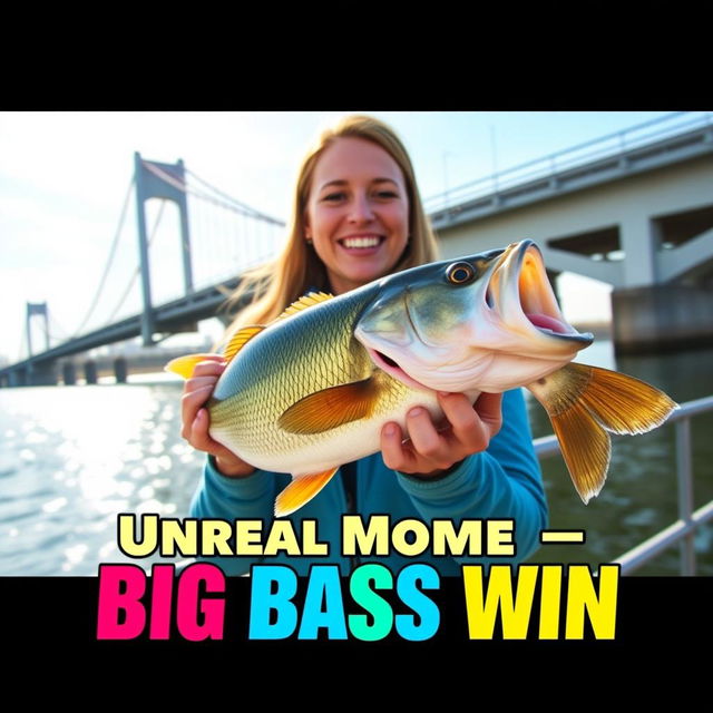 A vibrant YouTube Shorts thumbnail featuring a woman with a joyful expression, holding a large bass fish near a scenic bridge