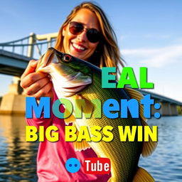 A vibrant YouTube Shorts thumbnail featuring a woman with a joyful expression, holding a large bass fish near a scenic bridge