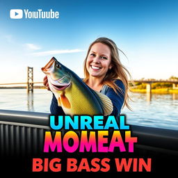 A vibrant YouTube Shorts thumbnail featuring a woman with a joyful expression, holding a large bass fish near a scenic bridge