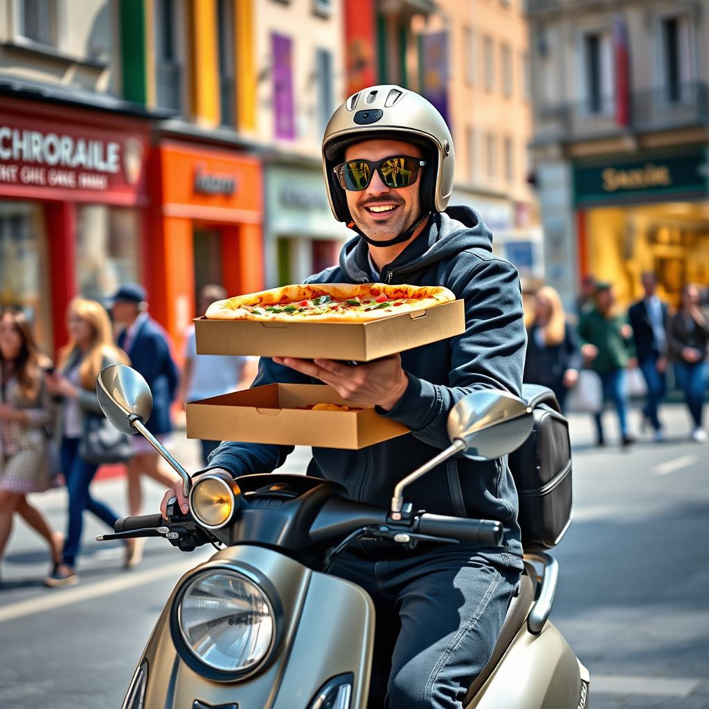 A lively scene of a European-looking pizza delivery person on a scooter, wearing a modern helmet and a stylish uniform