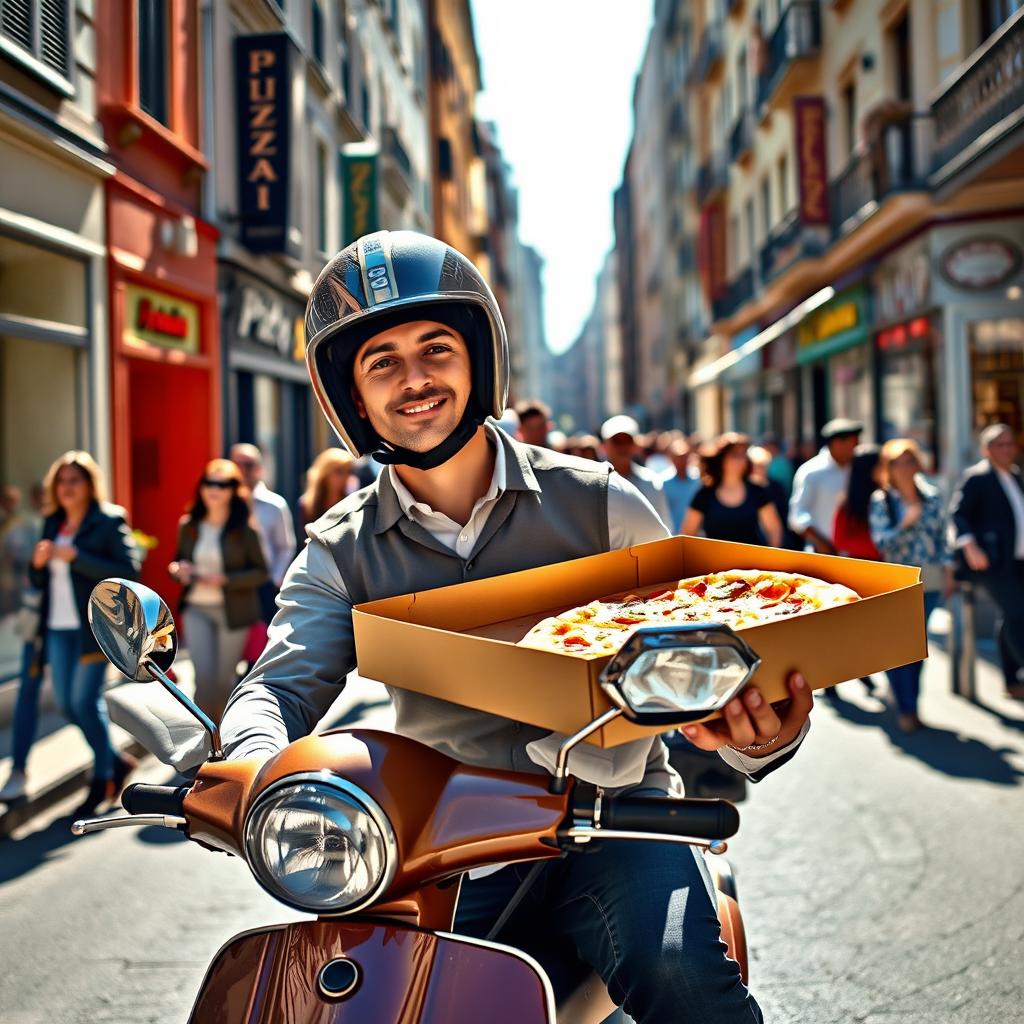 A lively scene of a European-looking pizza delivery person on a scooter, wearing a modern helmet and a stylish uniform