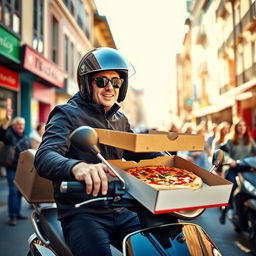 A lively scene of a European-looking pizza delivery person on a scooter, wearing a modern helmet and a stylish uniform