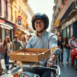 A lively scene of a European-looking pizza delivery person on a scooter, wearing a modern helmet and a stylish uniform