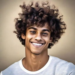 A lively portrait of a brown-skinned young man with short curly hair, exuding vivaciousness and dynamism.