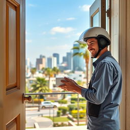 A delightful scene of a mail carrier wearing a helmet, handing over a small white package at an open door