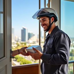 A delightful scene of a mail carrier wearing a helmet, handing over a small white package at an open door