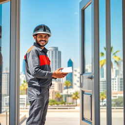 A full-length view of a mail carrier wearing a modern helmet, standing proudly while handing over a small white package at an open door